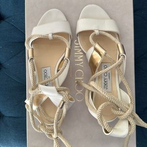 Jimmy Choo Maddie Sandal in White/Gold size 5/35 - Lace up front